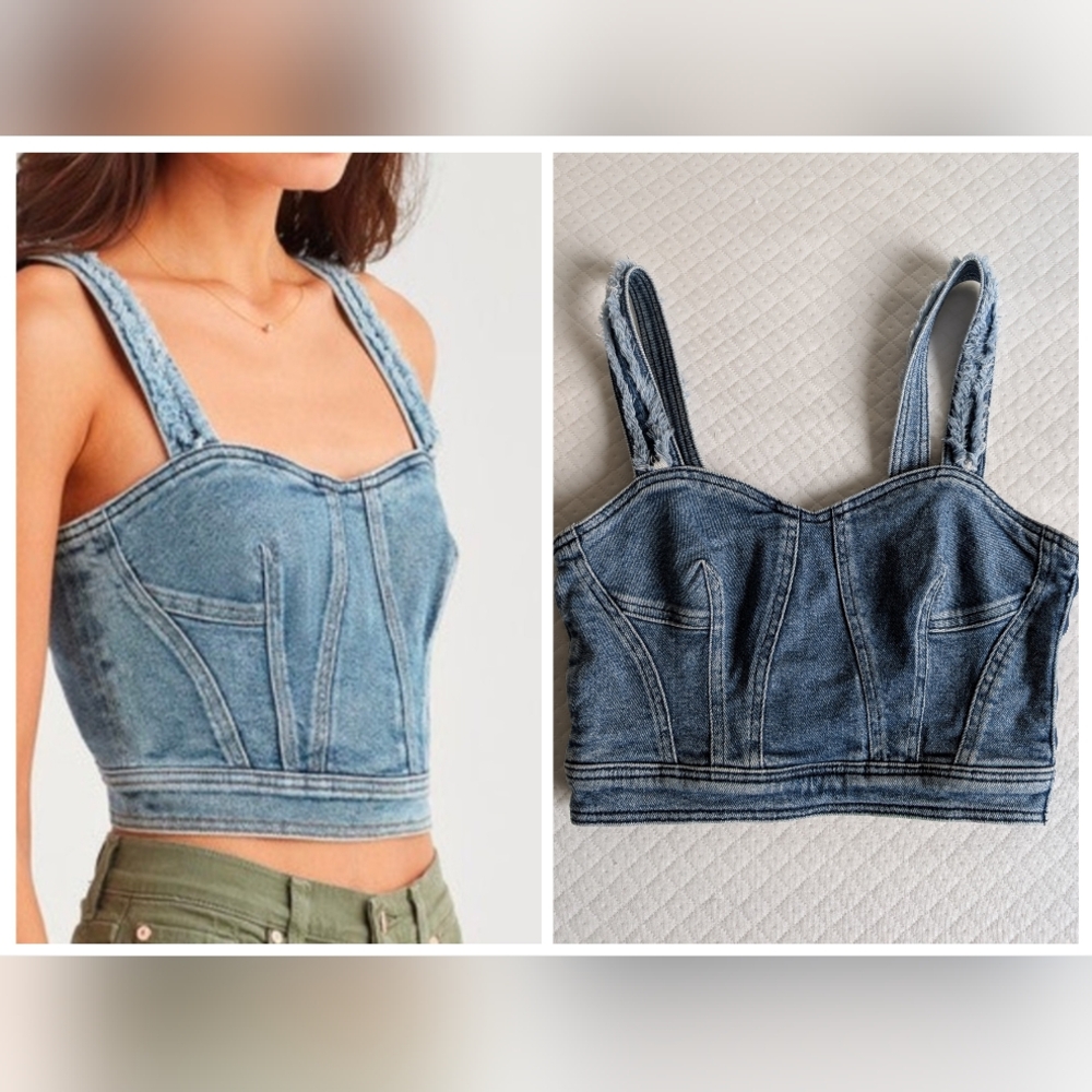 7 For All Mankind Denim Blue frayed bustier crop top boning, size S boho western